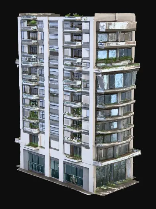 3D model for A modern high-rise multi-story residential apartment building, 15 floors tall, with a sleek glass and concrete facade. The design includes large floor-to-ceiling windows, glass balconies with metal railings, and a rooftop garden with greenery and seating areas. The ground floor features a luxurious lobby with glass doors, an entrance canopy, and modern lighting. The building should have realistic proportions, detailed textures, metallic accents, and ambient lighting. Include realistic materials: reflective glass, polished concrete, stainless steel railings, and wooden balcony floors. Style: ultra-modern, clean lines, minimalistic but elegant architecture, realistic PBR textures, detailed geometry. 
