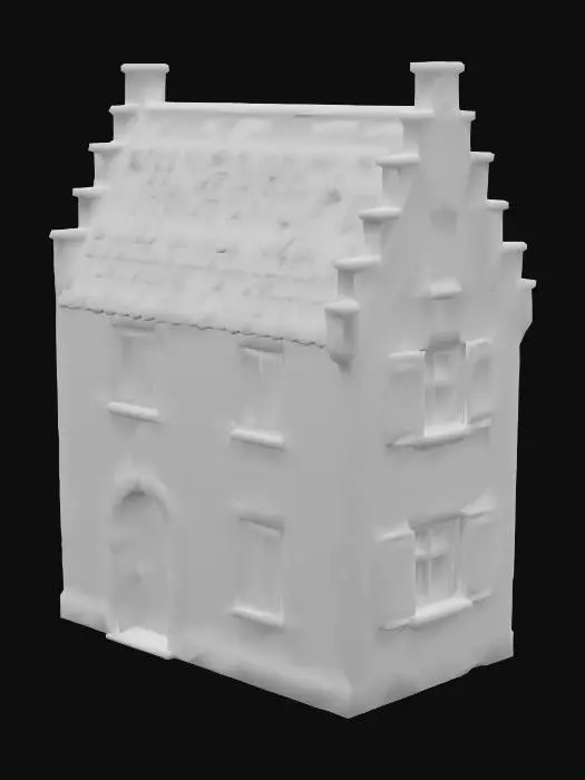 3D model for Een stedelijk burgerhuis in Antwerpen rond 1585. Smalle voorgevel, ongeveer 2 tot 3 verdiepingen hoog. Gebouwd in rode baksteen met natuurstenen accenten rond ramen en deuren. Trapgevel of tuitgevel typisch voor de Zuidelijke Nederlanden. Houten luiken bij de ramen. Ramen met kleine glas-in-lood ruitjes in loodlijsten. Begane grond heeft vaak een houten deur met ijzeren beslag en soms een kleine winkelpui of werkplaatsopening. Dak bedekt met rode dakpannen. Eventueel een kleine schoorsteen. Straatzijde vaak direct aan de kasseien, zonder voortuin.