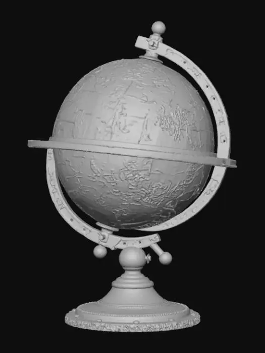 3D model for Fantasy celestial globe 3D, brass and copper sphere engraved with constellations and magical symbols, ornate metallic base, detailed craftsmanship, neutral background.