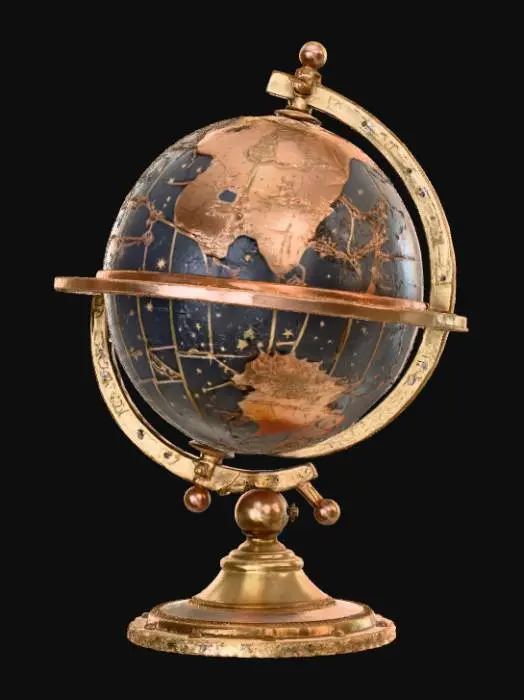 3D model for Fantasy celestial globe 3D, brass and copper sphere engraved with constellations and magical symbols, ornate metallic base, detailed craftsmanship, neutral background.