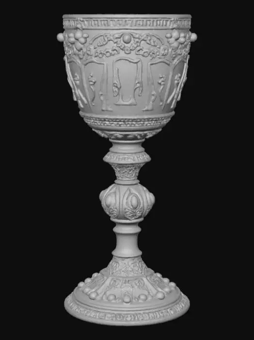 3D model for Fantasy apprentice chalice 3D, ornate metal cup with engraved runes and gemstones, sturdy base and decorative patterns, ancient mystical design on neutral background.