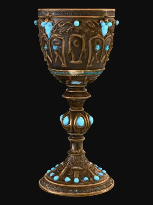 3D model for Fantasy apprentice chalice 3D, ornate metal cup with engraved runes and gemstones, sturdy base and decorative patterns, ancient mystical design on neutral background.