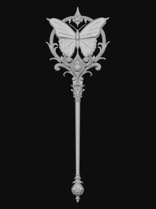 3D model for Fantasy magic wand 3D, ornate metallic handle with butterfly and moon motifs, filigree design, embedded gemstones, dark elegant shaft with gold accents, detailed fantasy craftsmanship, neutral background.