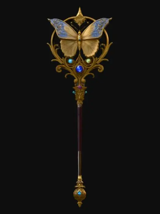 3D model for Fantasy magic wand 3D, ornate metallic handle with butterfly and moon motifs, filigree design, embedded gemstones, dark elegant shaft with gold accents, detailed fantasy craftsmanship, neutral background.
