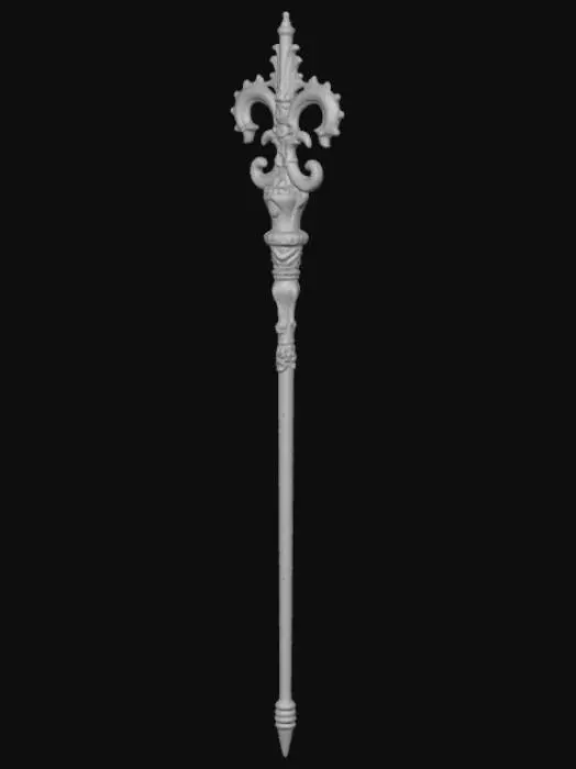 3D model for Fantasy magic wand 3D, ornate metallic handle with fleur-de-lis motif, filigree design, embedded gemstones, dark elegant shaft with gold accents, detailed fantasy craftsmanship, neutral background.