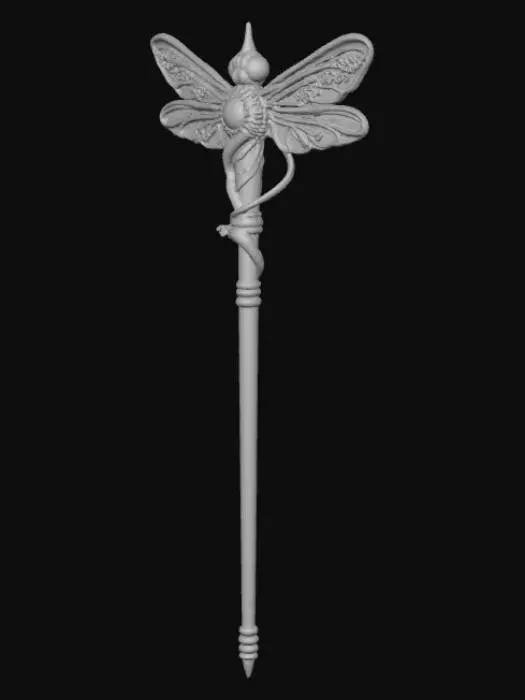 3D model for Fantasy magic wand 3D, ornate metallic handle with dragonfly motif, filigree design, embedded gemstones, dark elegant shaft with gold accents, detailed fantasy craftsmanship, neutral background.