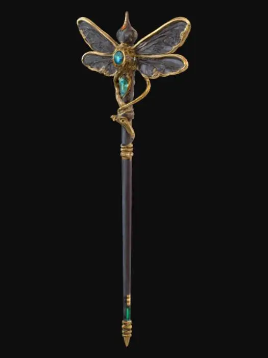 3D model for Fantasy magic wand 3D, ornate metallic handle with dragonfly motif, filigree design, embedded gemstones, dark elegant shaft with gold accents, detailed fantasy craftsmanship, neutral background.