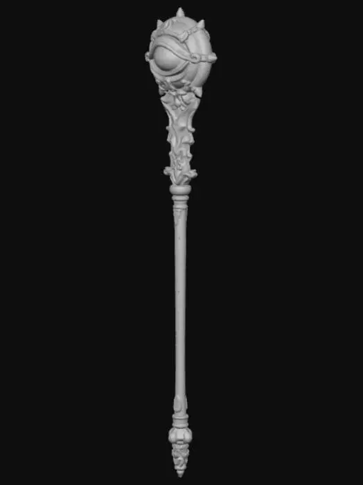 3D model for Fantasy magic wand 3D, ornate metallic handle with mystical eye motif, filigree design, embedded gemstones, dark elegant shaft with gold accents, detailed fantasy craftsmanship, neutral background.