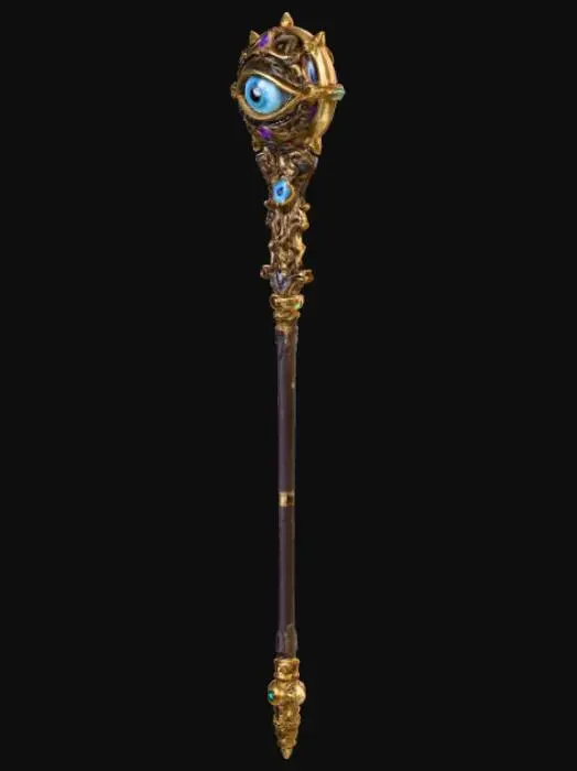 3D model for Fantasy magic wand 3D, ornate metallic handle with mystical eye motif, filigree design, embedded gemstones, dark elegant shaft with gold accents, detailed fantasy craftsmanship, neutral background.