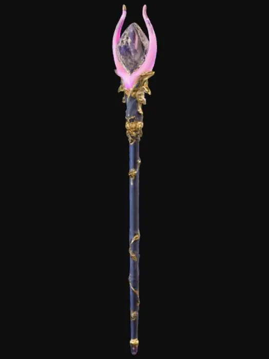3D model for Fantasy magic wand 3D, ornate metallic handle holding a floating crystal with claw-like prongs, filigree design, dark elegant shaft with gold accents, detailed fantasy craftsmanship, neutral background.