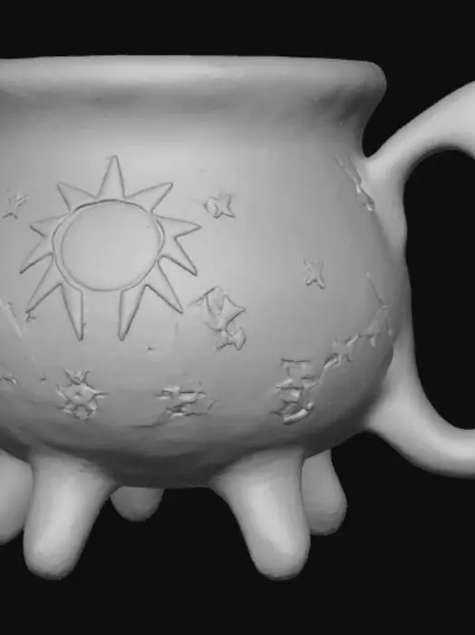 3D model for Fantasy magic cup 3D, black ceramic cauldron-shaped mug with three small legs, decorated with golden sun, moon and star symbols, smooth glossy surface, solid design on neutral background.