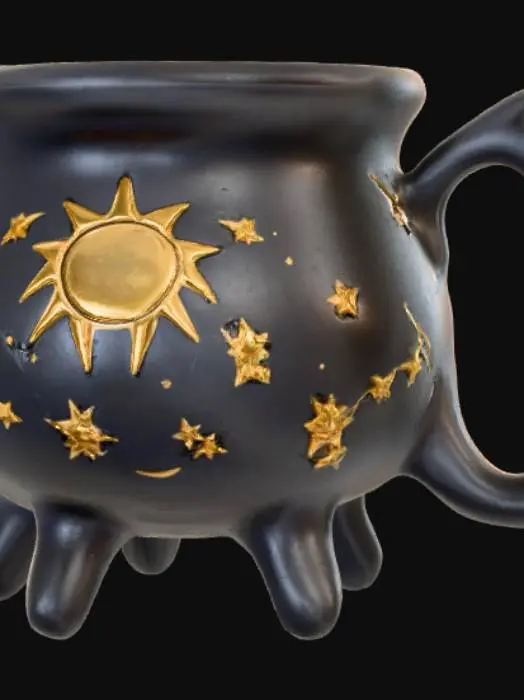 3D model for Fantasy magic cup 3D, black ceramic cauldron-shaped mug with three small legs, decorated with golden sun, moon and star symbols, smooth glossy surface, solid design on neutral background.