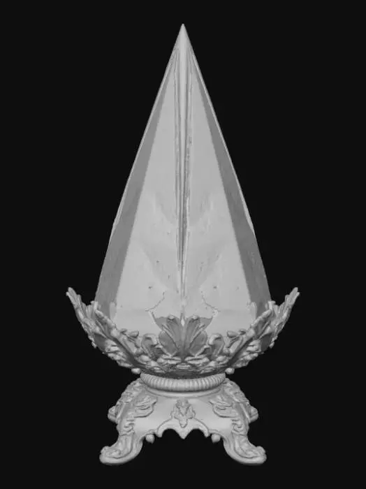 3D model for Fantasy magic pyramid 3D, transparent crystal pyramid with mystical symbols inside, glowing gemstone sphere and ornate lotus flower base, gold and amethyst details, decorative magical artifact