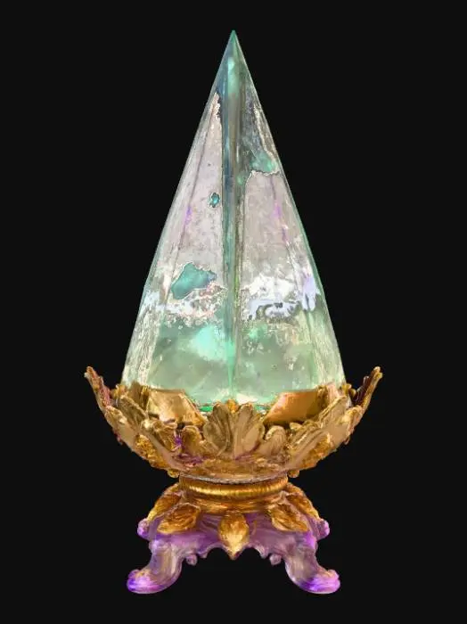 3D model for Fantasy magic pyramid 3D, transparent crystal pyramid with mystical symbols inside, glowing gemstone sphere and ornate lotus flower base, gold and amethyst details, decorative magical artifact