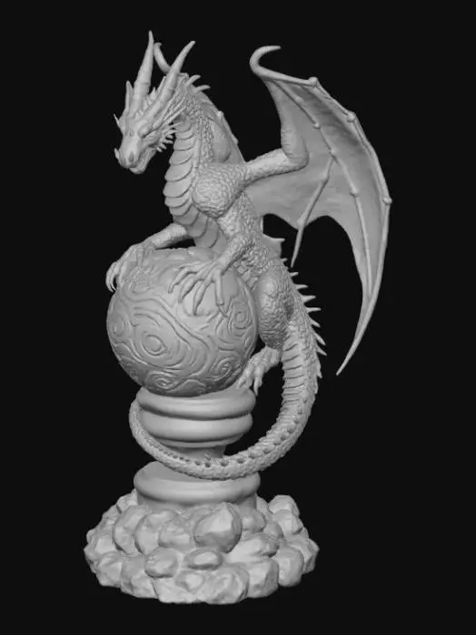3D model for Fantasy dragon statue 3D, dragon crouched protectively around an ornate metallic orb engraved with swirling runes, wings half-spread, tail coiled around the base, detailed scales and claws, resting on a rocky pedestal
