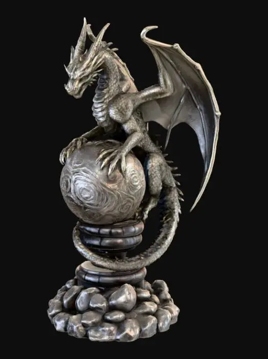 3D model for Fantasy dragon statue 3D, dragon crouched protectively around an ornate metallic orb engraved with swirling runes, wings half-spread, tail coiled around the base, detailed scales and claws, resting on a rocky pedestal