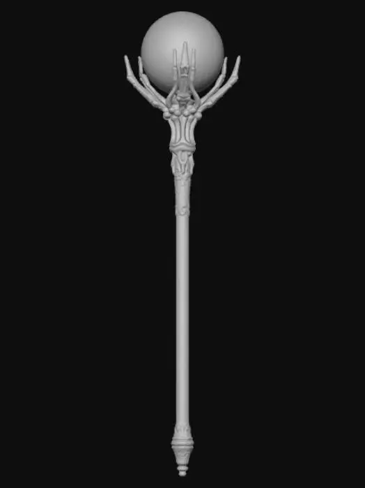 3D model for Fantasy magic staff 3D, long dark shaft with metallic skeletal hand gripping a glossy black crystal sphere on top, detailed engravings on the handle, gothic and mystical design.