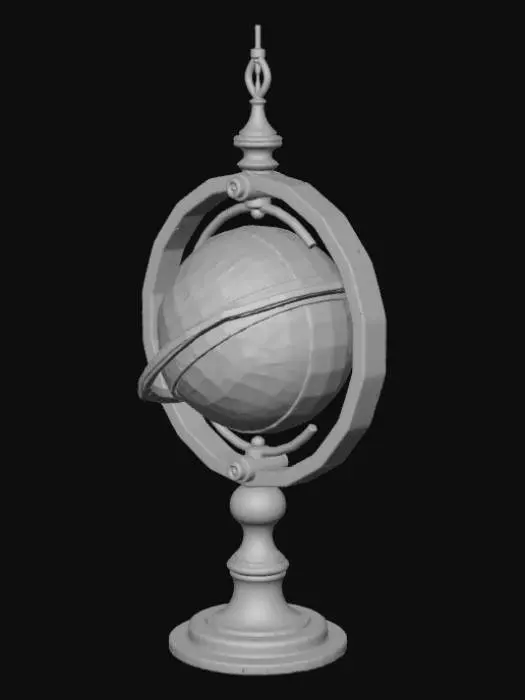 3D model for Fantasy gyroscope ornament 3D, metallic structure made of three thin intersecting rings orbiting around a medium-sized crystal sphere at the center, mounted on a small pedestal base, elegant magical artifact..