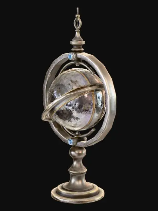 3D model for Fantasy gyroscope ornament 3D, metallic structure made of three thin intersecting rings orbiting around a medium-sized crystal sphere at the center, mounted on a small pedestal base, elegant magical artifact..