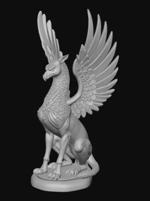 3D model for Fantasy griffin statue 3D, majestic creature sitting upright with large wings spread upward, detailed feathers and muscular body, metallic bronze material, mounted on a round pedestal base, decorative magical artifact.
