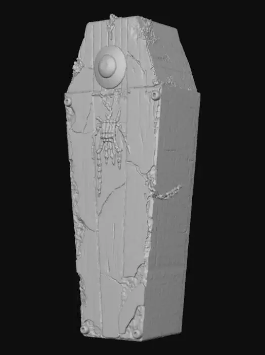 3D model for Haunted coffin 3D, old wooden coffin with cracked planks, deep scratches, and torn cloth hanging from holes, bound with rusty metal chains, eerie glowing eye peering through a gap, skeletal hand breaking out, covered in cobwebs and decay, dark horror atmosphere, highly detailed Halloween prop., #Halloween2025#