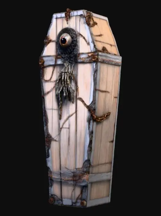 3D model for Haunted coffin 3D, old wooden coffin with cracked planks, deep scratches, and torn cloth hanging from holes, bound with rusty metal chains, eerie glowing eye peering through a gap, skeletal hand breaking out, covered in cobwebs and decay, dark horror atmosphere, highly detailed Halloween prop., #Halloween2025#