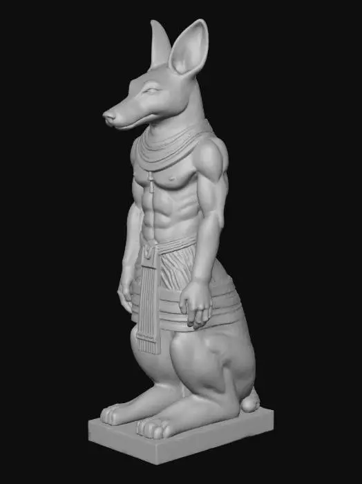 3D model for a very detailed stone sculpture of an ancient egypt god anubis.  full body. with ceremonial weapon