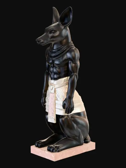 3D model for a very detailed stone sculpture of an ancient egypt god anubis.  full body. with ceremonial weapon
