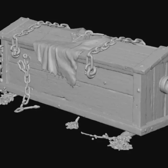 3D model for Haunted coffin 3D, old wooden coffin with cracked planks, deep scratches, and torn cloth hanging from holes, bound with rusty metal chains, eerie glowing eye peering through a gap, skeletal hand breaking out, covered in cobwebs and decay, dark horror atmosphere, highly detailed Halloween prop., #Halloween2025#