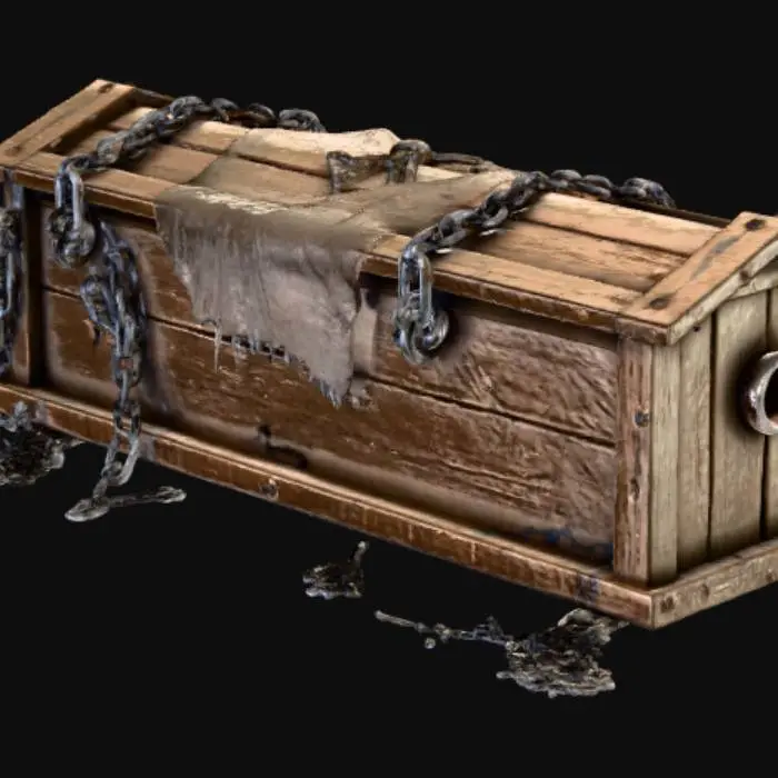 3D model for Haunted coffin 3D, old wooden coffin with cracked planks, deep scratches, and torn cloth hanging from holes, bound with rusty metal chains, eerie glowing eye peering through a gap, skeletal hand breaking out, covered in cobwebs and decay, dark horror atmosphere, highly detailed Halloween prop., #Halloween2025#
