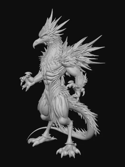3D model for A stylized, highly aggressive male character design based on a phoenix. The character has exaggerated, sharp proportions with a V-shaped torso and broad shoulders. He has wild, upward-sweeping hair made of stylized orange and red energy. His face is a fierce, angular scowl with markings resembling war paint made of ash. He wears segmented, spiky armor plates that look like overlapping fiery plumage, colored in deep reds, brilliant golds, and charcoal blacks. His hands are clawed. He is in a crouching attack stance, surrounded by a stylized aura of heat distortion. 3D game character asset style, Blizzard Overwatch aesthetic, bold colors, sharp silhouette, distinct shapes.
