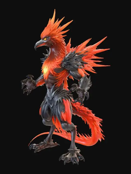 3D model for A stylized, highly aggressive male character design based on a phoenix. The character has exaggerated, sharp proportions with a V-shaped torso and broad shoulders. He has wild, upward-sweeping hair made of stylized orange and red energy. His face is a fierce, angular scowl with markings resembling war paint made of ash. He wears segmented, spiky armor plates that look like overlapping fiery plumage, colored in deep reds, brilliant golds, and charcoal blacks. His hands are clawed. He is in a crouching attack stance, surrounded by a stylized aura of heat distortion. 3D game character asset style, Blizzard Overwatch aesthetic, bold colors, sharp silhouette, distinct shapes.