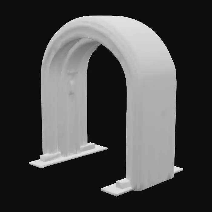 3D model for A futuristic sci-fi start gate, shaped like a wide archway, sleek chrome and silver with glowing neon blue strips, minimalistic but recognizable as a racing start line
