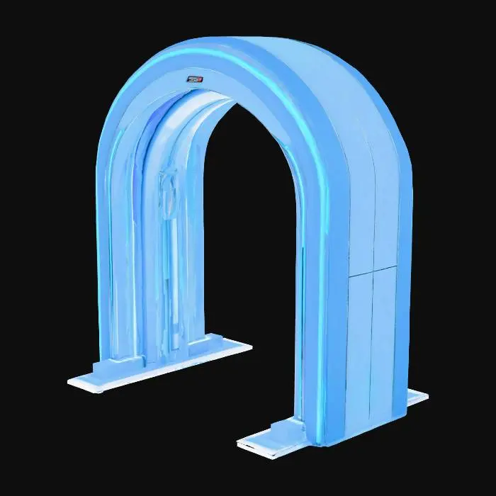 3D model for A futuristic sci-fi start gate, shaped like a wide archway, sleek chrome and silver with glowing neon blue strips, minimalistic but recognizable as a racing start line
