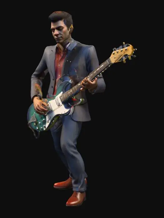 3D model for Jazz electric guitar player, highly detailed, photorealistic, mid poly, detailed face, detailed guitar,