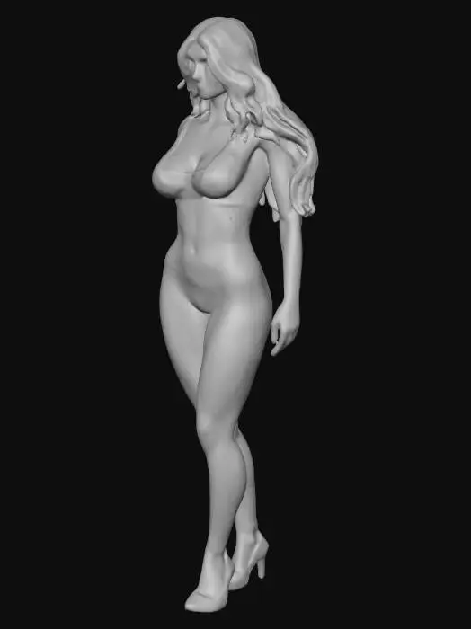 3D model for Sexy hostess in dark blue with silver Lycra bodysuit, hyperrealistic, highly detailed, detailed hair, detailed face, detailed body features, detailed clothes, detailed hands, detailed legs, detailed shoes, voluptuous,