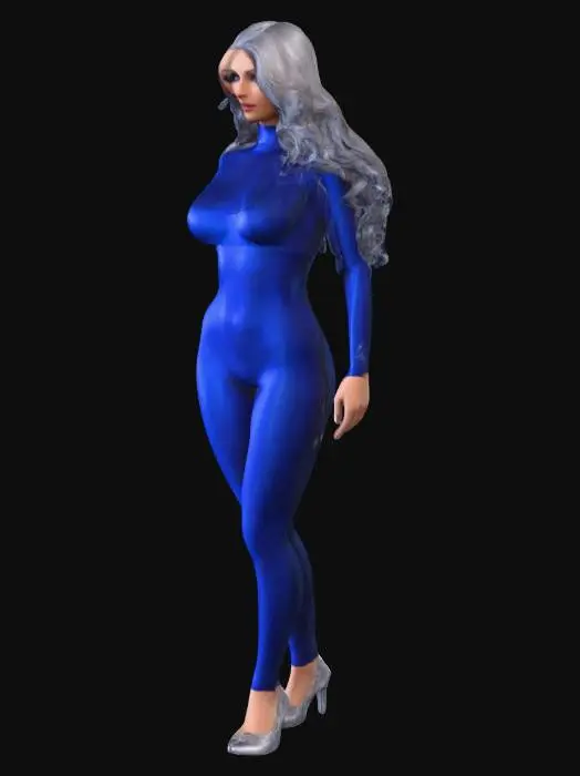 3D model for Sexy hostess in dark blue with silver Lycra bodysuit, hyperrealistic, highly detailed, detailed hair, detailed face, detailed body features, detailed clothes, detailed hands, detailed legs, detailed shoes, voluptuous,