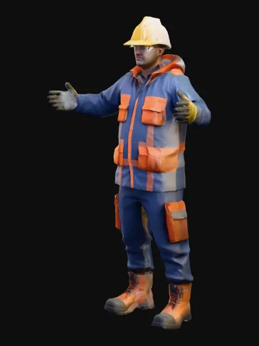 3D model for Low-poly shipyard cutting worker in safety gear, helmet, goggles, gloves, boots, and protective vest, standing in T-pose, simple clean geometry