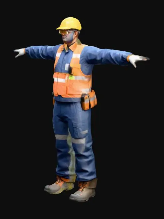 3D model for Low-poly shipyard cutting worker in safety gear, helmet, goggles, gloves, boots, and protective vest, standing in T-pose, simple clean geometry
