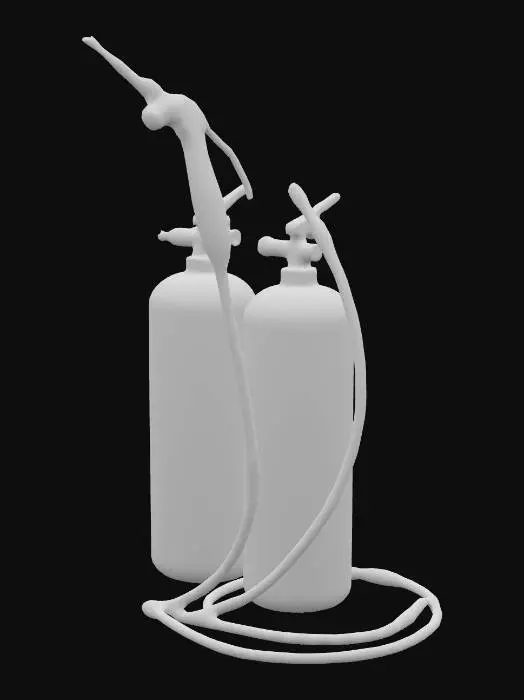 3D model for A low-poly oxy-fuel cutting setup for ship-breaking, including a handheld torch with a metallic nozzle and handle grip, connected by red and green hoses to two standing gas cylinders (one red, one green) with valve knobs and regulators. Simple, optimized for game use.