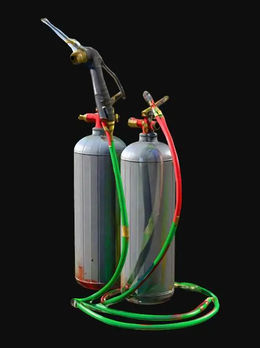 3D model for A low-poly oxy-fuel cutting setup for ship-breaking, including a handheld torch with a metallic nozzle and handle grip, connected by red and green hoses to two standing gas cylinders (one red, one green) with valve knobs and regulators. Simple, optimized for game use.