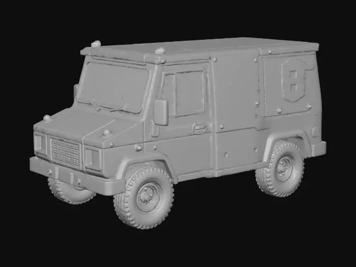 3D model for Изношенный бронированный фургон в стиле воксельной графики, выполненный из блочных, угловатых форм. Его двухцветный кузов имеет облупившуюся белую верхнюю часть и ржавую, пятнистую коричневую нижнюю половину, что указывает на значительный возраст и износ. Лобовое стекло сильно потрескано, а квадратные фары излучают теплое желтое свечение. Красная надпись "$1" нанесена трафаретом на боку. Общая текстура грубая и пиксельная, воплощая отчетливую низкополигональную, игровую эстетику