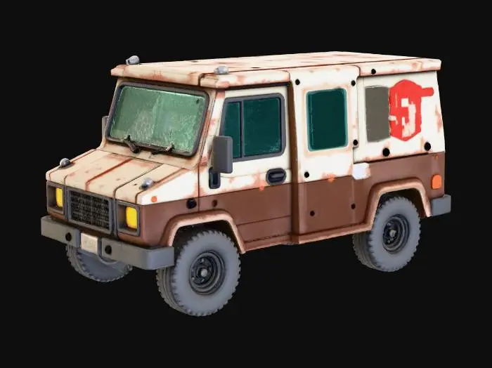 3D model for Изношенный бронированный фургон в стиле воксельной графики, выполненный из блочных, угловатых форм. Его двухцветный кузов имеет облупившуюся белую верхнюю часть и ржавую, пятнистую коричневую нижнюю половину, что указывает на значительный возраст и износ. Лобовое стекло сильно потрескано, а квадратные фары излучают теплое желтое свечение. Красная надпись "$1" нанесена трафаретом на боку. Общая текстура грубая и пиксельная, воплощая отчетливую низкополигональную, игровую эстетику