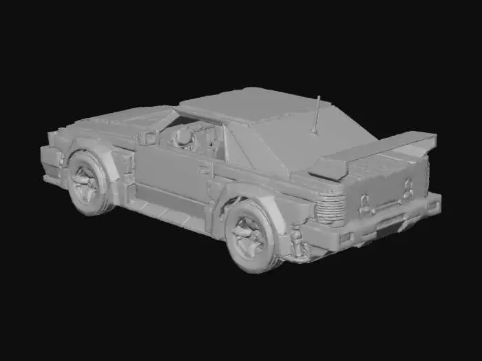 3D model for Спортивный автомобиль , Японский Nissan Skyline без логотипа в стиле воксельной графики, выполненный из блочных, угловатых форм. Его кузов имеет глубокий синий оттенок . Овальные фары излучают теплое желтое свечение. Общая текстура грубая и пиксельная, воплощая отчетливую низкополигональную, игровую эстетику