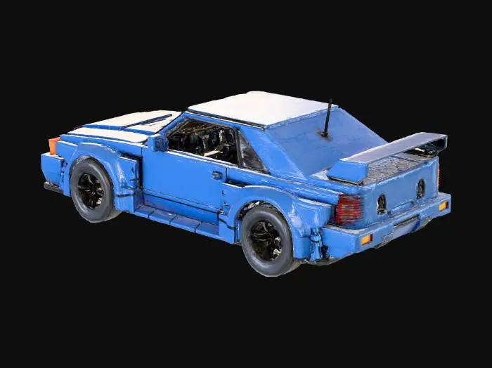3D model for Спортивный автомобиль , Японский Nissan Skyline без логотипа в стиле воксельной графики, выполненный из блочных, угловатых форм. Его кузов имеет глубокий синий оттенок . Овальные фары излучают теплое желтое свечение. Общая текстура грубая и пиксельная, воплощая отчетливую низкополигональную, игровую эстетику