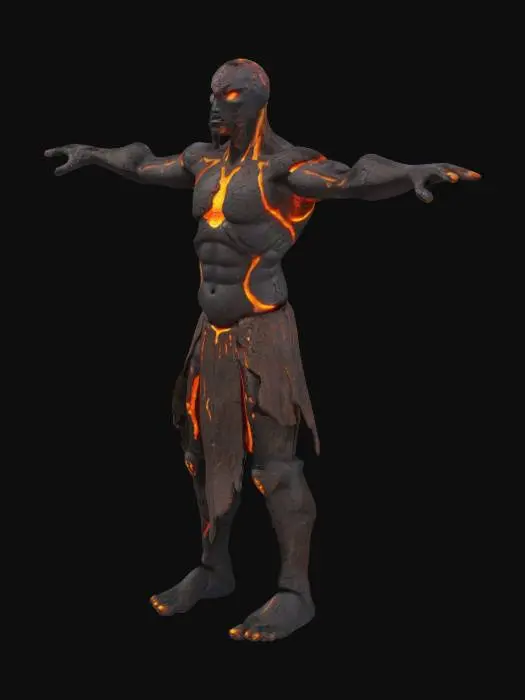 3D model for A humanoid warrior made of volcanic rock and molten lava, with glowing cracks throughout his stone body. His eyes shine like magma, and his arms are partially metallic, forged with ancient tools. He has lava dripping from his hands, and a molten hammer embedded in his back. The character stands in a clean T-pose, arms fully extended horizontally, front-facing. T-pose, arms fully extended horizontally, white background, no ground, no base, no shadows, no environment, character only, ready for 3D rigging and import to Unity.
