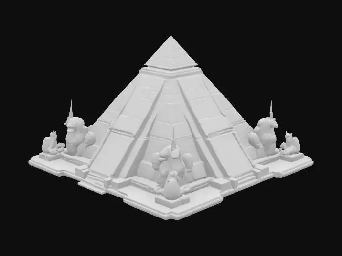 3D model for Create a massive futuristic pyramid with sleek, eye-catching geometric designs and glowing elements, blending ancient Egyptian architecture with advanced sci-fi aesthetics. Surround the pyramid on all sides with protective guardian statues, including majestic sphinxes and iconic Egyptian figures like Anubis, Horus, and pharaohs, all reimagined with a high-tech, cyber-Egyptian look. The scene should feel awe-inspiring, mysterious, and monumental—an epic fusion of past and future.