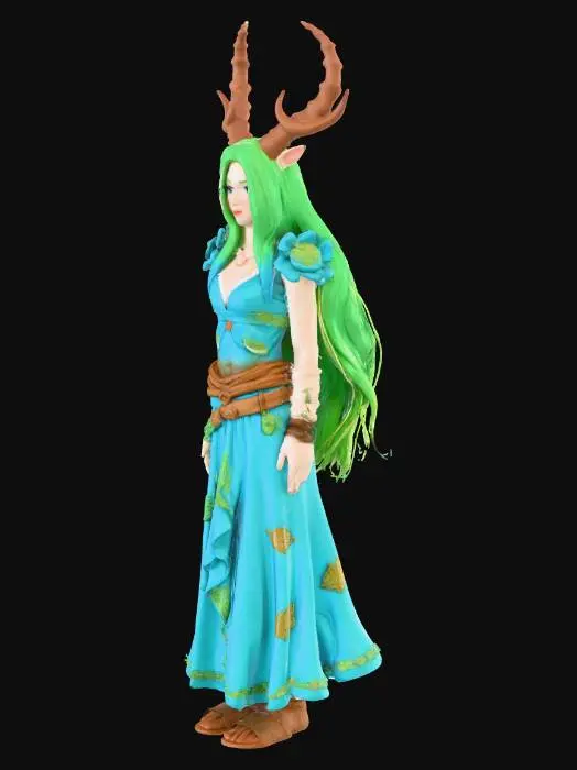 3D model for Девушка кентавр с длинными голубыми волосами в топе болотного цвета с костяными наплечниками и рогатым черепом на голове