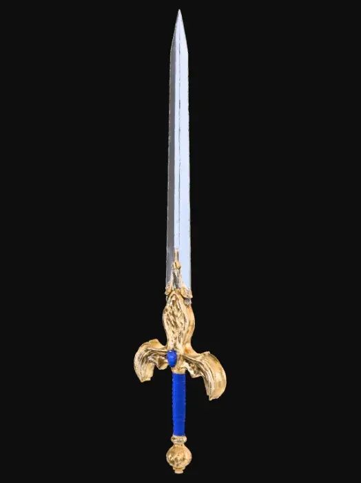 3D model for • La Lame (Blade) :
• Longue épée droite à double tranchant.
• Matériau : Acier poli, très réfléchissant.
• Détail 3D : Une large gouttière centrale (fuller) court sur les deux tiers de la lame. À l'intérieur de cette gouttière, des runes angéliques sont gravées et incrustées d'or.
• La Garde (Guard/Crossguard) :
• Forme d'ailes stylisées déployées.
• Matériau : Acier brossé avec des bordures dorées. Au centre (la croisée), il y a un motif en relief d'une tête de lion rugissant.
• La Poignée (Grip) :
• Matériau : Cuir bleu royal.
• Détail 3D : Le cuir est enroulé en spirale, maintenu par un fil d'or torsadé pour donner du relief et de la texture.
• Le Pommeau (Pommel) :
• Un gros saphir facetté (rond ou octogonal), serti dans une monture en acier lourde pour contrebalancer la lame.