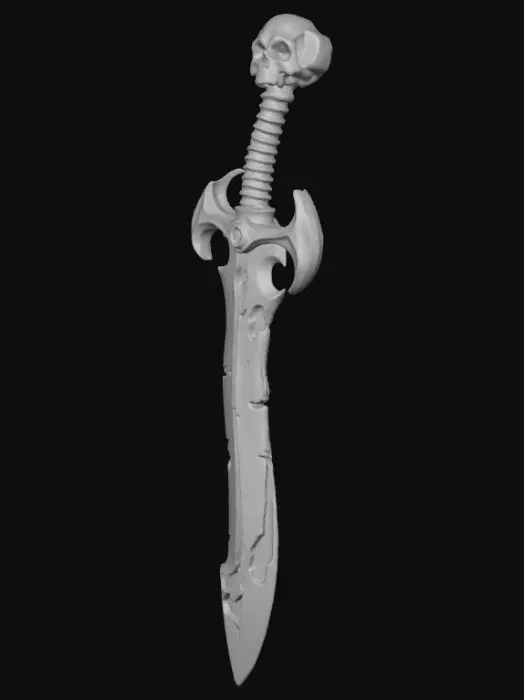 3D model for • La Lame :
• Ne ressemble pas à du métal forgé. Elle a la couleur de l'os vieilli et jauni.
• Détail 3D : La lame est dentelée de manière irrégulière, comme si elle avait été sculptée dans une immense colonne vertébrale créature. Les bords sont ébréchés et poreux. Des fissures sombres parcourent la surface.
• La Garde :
• Asymétrique. Elle ressemble à une cage thoracique humaine brisée qui s'enroule autour de la base de la lame.
• La Poignée :
• Matériau : Semble être faite de tendons séchés et de lanières de cuir brut, enroulés grossièrement autour d'un fémur.
• Le Pommeau :
• Un petit crâne humain noirci, dont les orbites sont vides (ou pourraient contenir une faible lueur rouge en post-production).